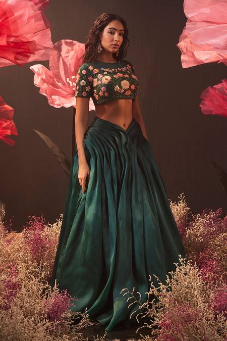 Rishika Singh Green Net, Silk Organza Embroidery Round Neck Blossom Blouse And Pleated Lehenga at Aza Fashions Rishika Singh_Green Net, Silk Organza Embroidery Round Neck Blossom Blouse And Pleated Lehenga _at_Aza_Fashions