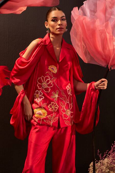 Rishika Singh_Red Silk, Satin Embroidery Collared Florence Jacket And Pant _Online_at_Aza_Fashions