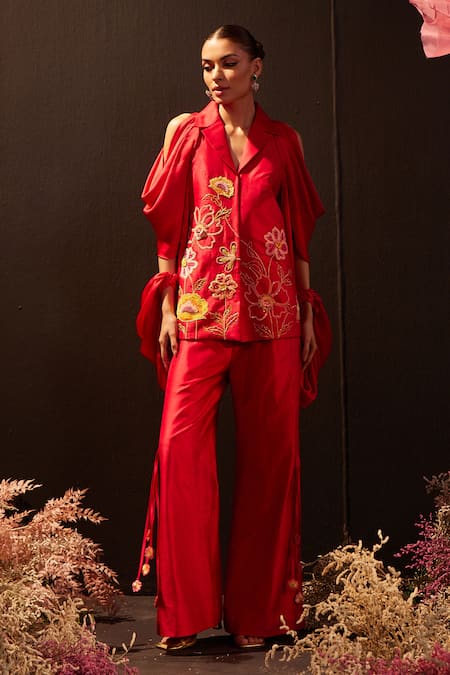 Buy_Rishika Singh_Red Silk, Satin Embroidery Collared Florence Jacket And Pant _Online_at_Aza_Fashions