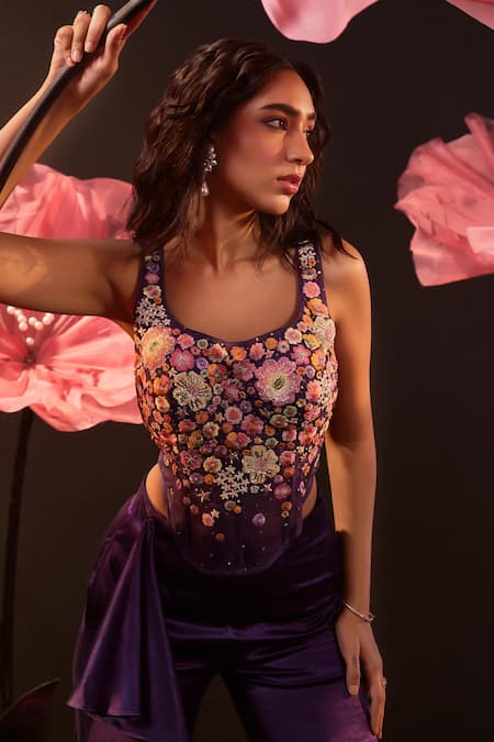 Rishika Singh_Purple Net, Satin, Lycra Embroidery, Ruffles Flora Corset Blouse And Bootcut Pant _Online_at_Aza_Fashions