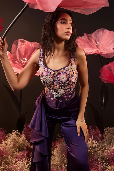Buy_Rishika Singh_Purple Net, Satin, Lycra Embroidery, Ruffles Flora Corset Blouse And Bootcut Pant _Online_at_Aza_Fashions
