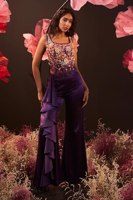 Shop_Rishika Singh_Purple Net, Satin, Lycra Embroidery, Ruffles Flora Corset Blouse And Bootcut Pant _Online_at_Aza_Fashions
