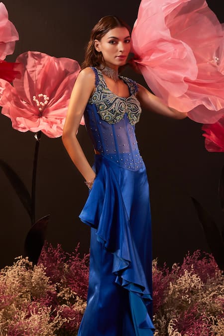Rishika Singh_Blue Net, Satin, Lycra Beads, Sequins Floral Embroidered Corset Blouse And Pant _Online_at_Aza_Fashions