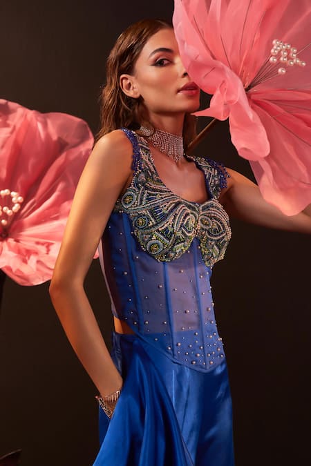 Buy_Rishika Singh_Blue Net, Satin, Lycra Beads, Sequins Floral Embroidered Corset Blouse And Pant _Online_at_Aza_Fashions