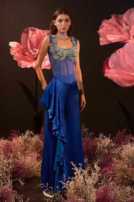Shop_Rishika Singh_Blue Net, Satin, Lycra Beads, Sequins Floral Embroidered Corset Blouse And Pant _Online_at_Aza_Fashions