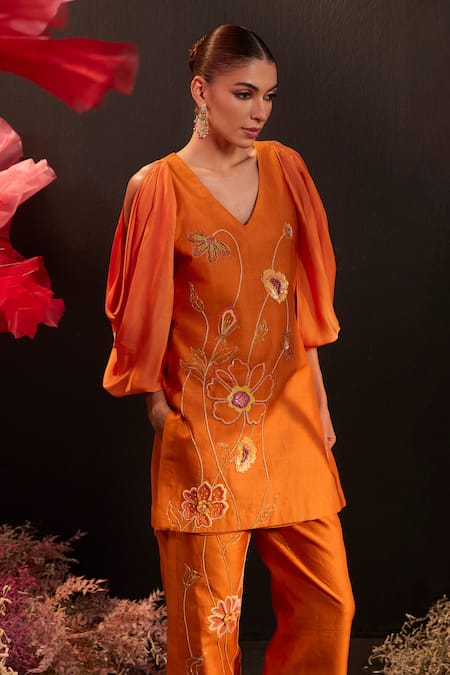 Rishika Singh_Orange Silk, Satin Embroidery V-neck Gul Kurta And Pant Set _Online_at_Aza_Fashions