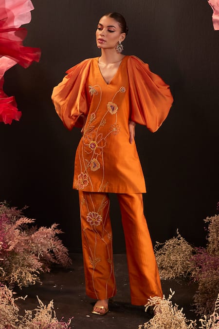 Buy_Rishika Singh_Orange Silk, Satin Embroidery V-neck Gul Kurta And Pant Set _Online_at_Aza_Fashions