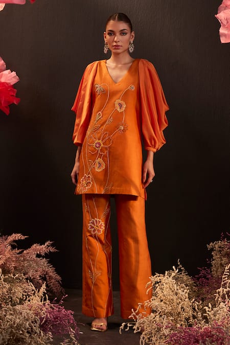 Shop_Rishika Singh_Orange Silk, Satin Embroidery V-neck Gul Kurta And Pant Set _Online_at_Aza_Fashions