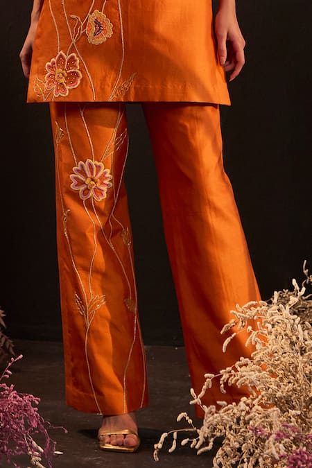 Rishika Singh_Orange Silk, Satin Embroidery V-neck Gul Kurta And Pant Set _at_Aza_Fashions