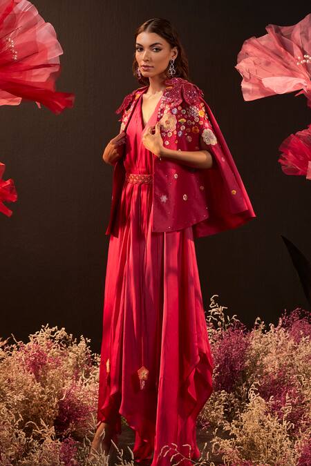 Rishika Singh_Pink Silk, Satin, Georgette Embroidery, Tassels Jacket And Asymmetric Dress Set _Online_at_Aza_Fashions