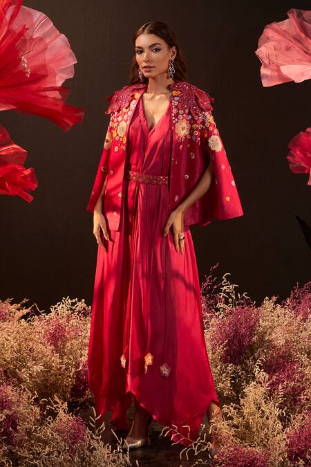 Buy_Rishika Singh_Pink Silk, Satin, Georgette Embroidery, Tassels Jacket And Asymmetric Dress Set _Online_at_Aza_Fashions