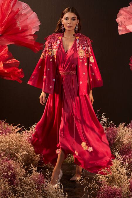 Shop_Rishika Singh_Pink Silk, Satin, Georgette Embroidery, Tassels Jacket And Asymmetric Dress Set _Online_at_Aza_Fashions