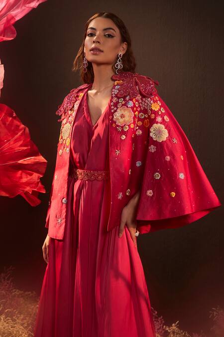 Rishika Singh_Pink Silk, Satin, Georgette Embroidery, Tassels Jacket And Asymmetric Dress Set _at_Aza_Fashions