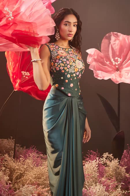 Shop Rishika Singh Green Dupion, Silk, Satin, Lycra Floral Resham Corset Blouse And Draped Skirt Online at Aza Fashions Shop_Rishika Singh_Green Dupion, Silk, Satin, Lycra Floral Resham Corset Blouse And Draped Skirt _Online_at_Aza_Fashions
