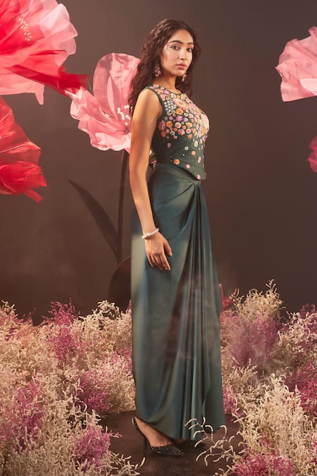 Rishika Singh Green Dupion, Silk, Satin, Lycra Floral Resham Corset Blouse And Draped Skirt at Aza Fashions Rishika Singh_Green Dupion, Silk, Satin, Lycra Floral Resham Corset Blouse And Draped Skirt _at_Aza_Fashions