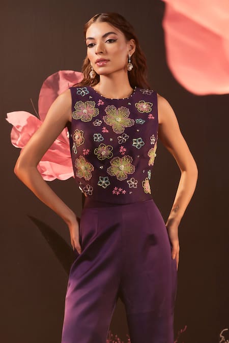 Rishika Singh_Purple Silk, Lycra, Satin Sequins, Embroidery Corset Blouse And Flared Pant Set _Online_at_Aza_Fashions