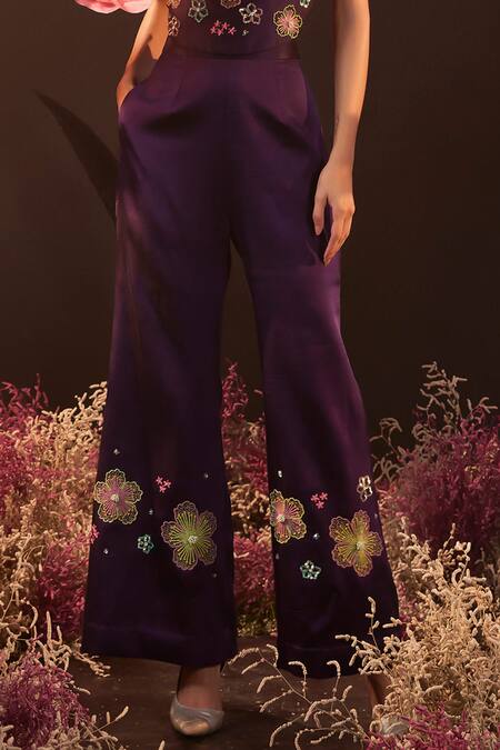 Buy_Rishika Singh_Purple Silk, Lycra, Satin Sequins, Embroidery Corset Blouse And Flared Pant Set _Online_at_Aza_Fashions