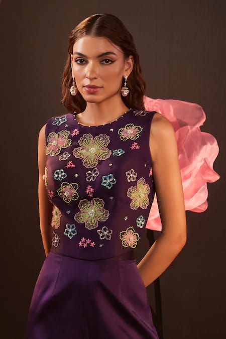 Shop_Rishika Singh_Purple Silk, Lycra, Satin Sequins, Embroidery Corset Blouse And Flared Pant Set _Online_at_Aza_Fashions