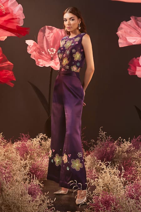 Rishika Singh_Purple Silk, Lycra, Satin Sequins, Embroidery Corset Blouse And Flared Pant Set _at_Aza_Fashions