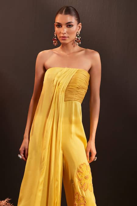 Rishika Singh_Yellow Organza, Satin Sequins Off-shoulder Embroidered Off Jumpsuit _Online_at_Aza_Fashions