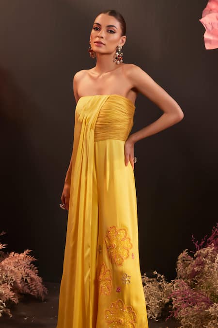 Buy_Rishika Singh_Yellow Organza, Satin Sequins Off-shoulder Embroidered Off Jumpsuit _Online_at_Aza_Fashions