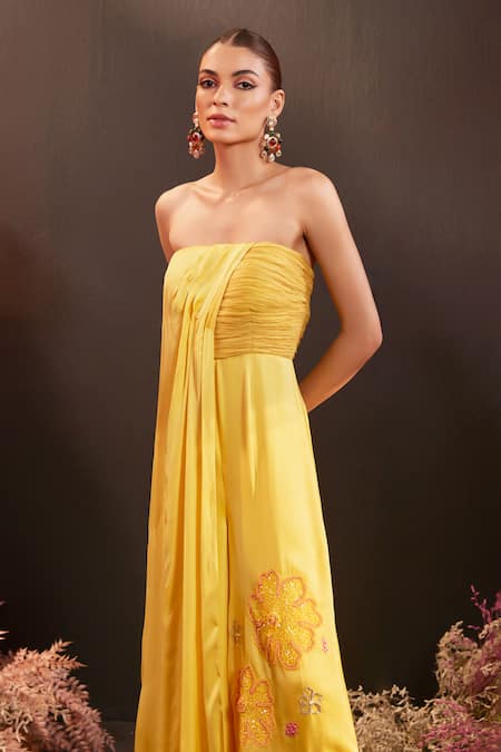 Shop_Rishika Singh_Yellow Organza, Satin Sequins Off-shoulder Embroidered Off Jumpsuit _Online_at_Aza_Fashions