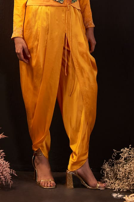 Rishika Singh_Orange Silk Satin Pearls, Beads Open Neck Embroidered Blazer And Tulip Pant Set _Online_at_Aza_Fashions