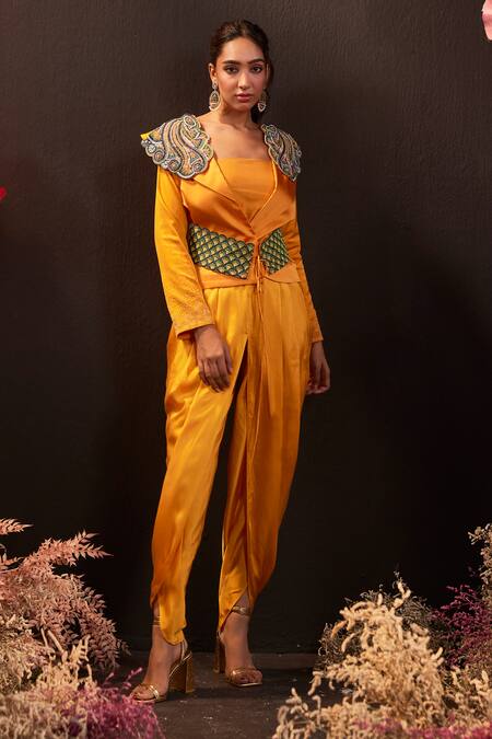 Buy_Rishika Singh_Orange Silk Satin Pearls, Beads Open Neck Embroidered Blazer And Tulip Pant Set _Online_at_Aza_Fashions