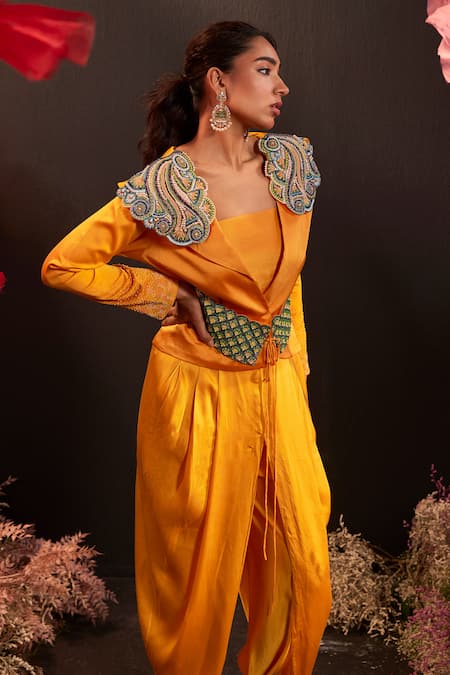 Shop_Rishika Singh_Orange Silk Satin Pearls, Beads Open Neck Embroidered Blazer And Tulip Pant Set _Online_at_Aza_Fashions