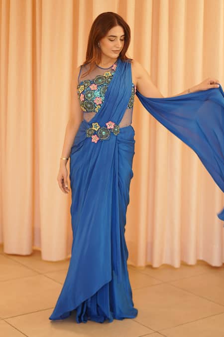 Rishika Singh_Blue Net, Crepe Sequins Round Neck Flora Embroidered Draped Saree Gown _Online_at_Aza_Fashions