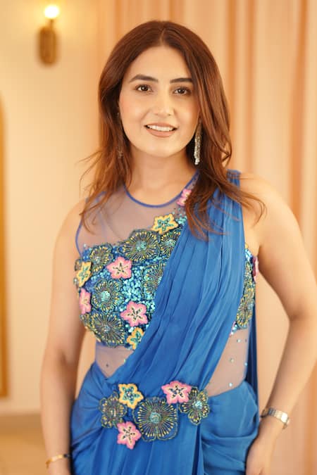 Shop_Rishika Singh_Blue Net, Crepe Sequins Round Neck Flora Embroidered Draped Saree Gown _Online_at_Aza_Fashions