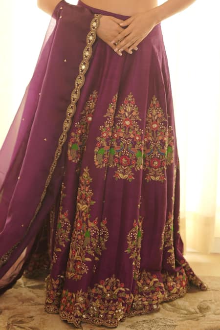 Rishika Singh_Purple Silk, Organza Embroidery, Mirrors Round Neck Peacock Bloom Lehenga Set _Online_at_Aza_Fashions