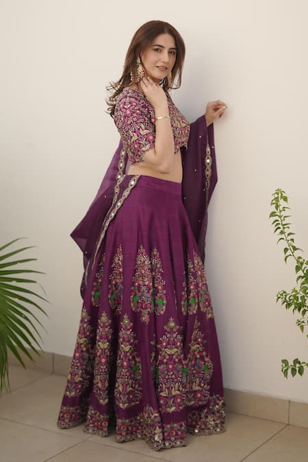 Buy_Rishika Singh_Purple Silk, Organza Embroidery, Mirrors Round Neck Peacock Bloom Lehenga Set _Online_at_Aza_Fashions