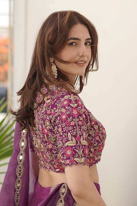 Shop_Rishika Singh_Purple Silk, Organza Embroidery, Mirrors Round Neck Peacock Bloom Lehenga Set _Online_at_Aza_Fashions