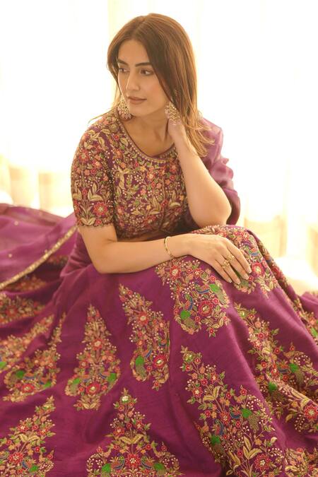 Rishika Singh_Purple Silk, Organza Embroidery, Mirrors Round Neck Peacock Bloom Lehenga Set _at_Aza_Fashions