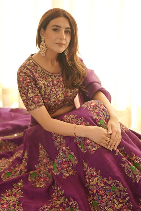 Buy_Rishika Singh_Purple Silk, Organza Embroidery, Mirrors Round Neck Peacock Bloom Lehenga Set 