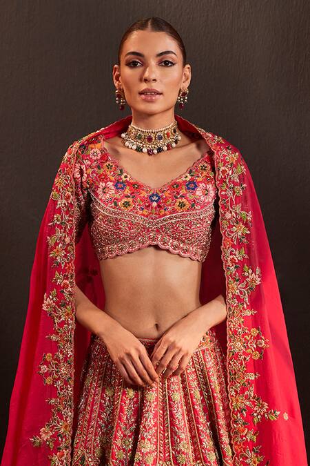 Rishika Singh_Pink Silk, Organza, Net Embroidery V-neck Bahar Bridal Lehenga Set _Online_at_Aza_Fashions