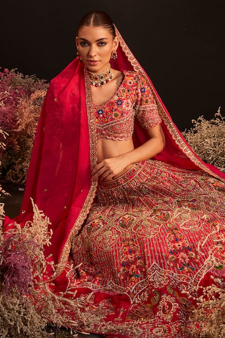 Buy_Rishika Singh_Pink Silk, Organza, Net Embroidery V-neck Bahar Bridal Lehenga Set _Online_at_Aza_Fashions
