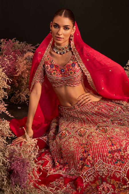 Shop_Rishika Singh_Pink Silk, Organza, Net Embroidery V-neck Bahar Bridal Lehenga Set _Online_at_Aza_Fashions