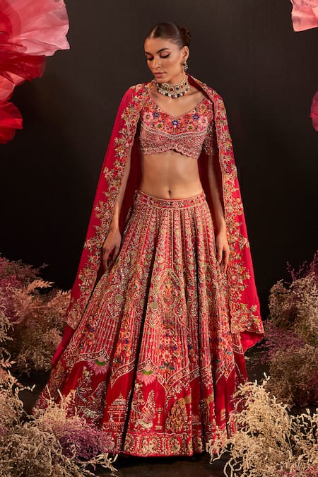 Rishika Singh_Pink Silk, Organza, Net Embroidery V-neck Bahar Bridal Lehenga Set _at_Aza_Fashions