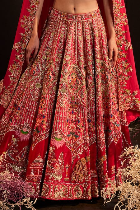 Buy_Rishika Singh_Pink Silk, Organza, Net Embroidery V-neck Bahar Bridal Lehenga Set 