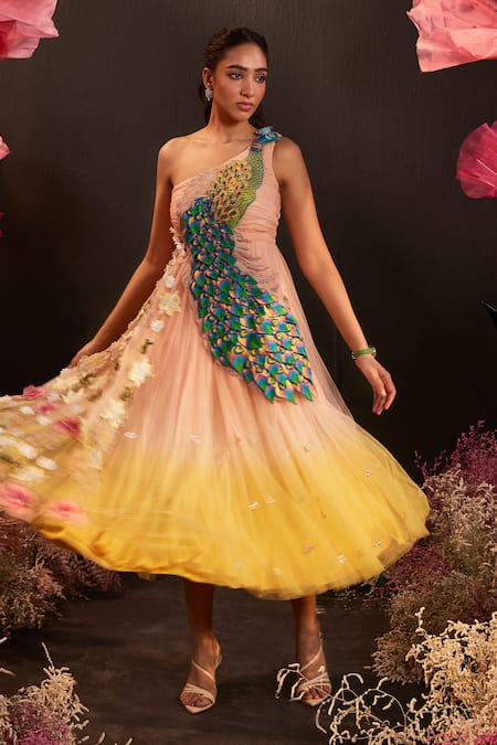 Rishika Singh Pink Net Embroidery One Shoulder Ombre 3d Peacock Bloom Dress Online at Aza Fashions Rishika Singh_Pink Net Embroidery One Shoulder Ombre 3d Peacock Bloom Dress _Online_at_Aza_Fashions
