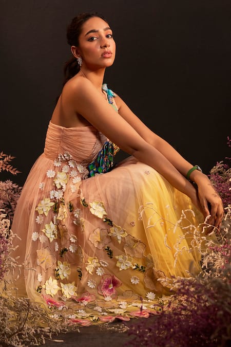 Buy Rishika Singh Pink Net Embroidery One Shoulder Ombre 3d Peacock Bloom Dress Online at Aza Fashions Buy_Rishika Singh_Pink Net Embroidery One Shoulder Ombre 3d Peacock Bloom Dress _Online_at_Aza_Fashions