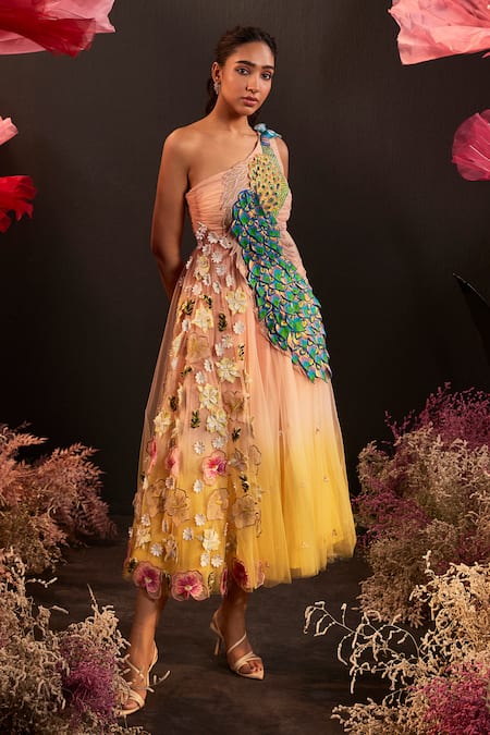 Shop Rishika Singh Pink Net Embroidery One Shoulder Ombre 3d Peacock Bloom Dress Online at Aza Fashions Shop_Rishika Singh_Pink Net Embroidery One Shoulder Ombre 3d Peacock Bloom Dress _Online_at_Aza_Fashions