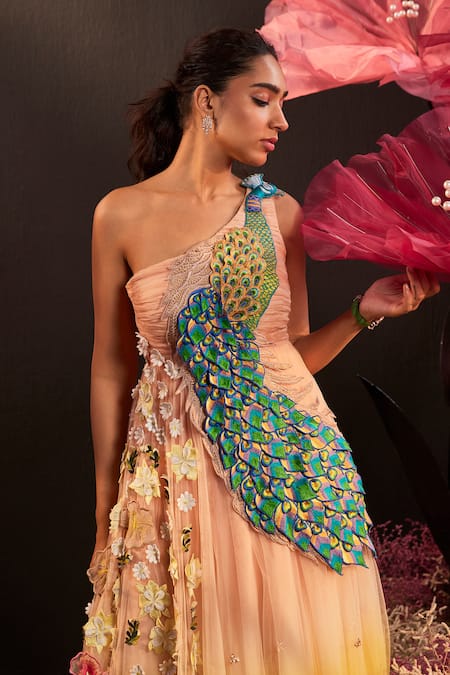 Rishika Singh Pink Net Embroidery One Shoulder Ombre 3d Peacock Bloom Dress at Aza Fashions Rishika Singh_Pink Net Embroidery One Shoulder Ombre 3d Peacock Bloom Dress _at_Aza_Fashions