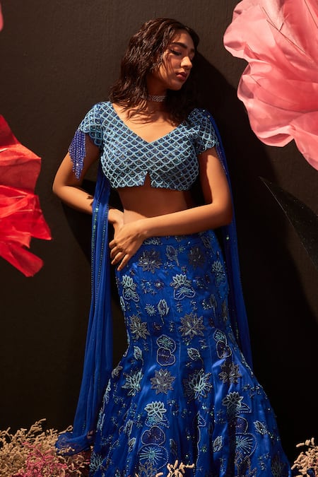 Rishika Singh Blue Net, Silk Organza Embroidery, Sequins V-neck Midnight Bloom Lehenga Set Online at Aza Fashions Rishika Singh_Blue Net, Silk Organza Embroidery, Sequins V-neck Midnight Bloom Lehenga Set _Online_at_Aza_Fashions