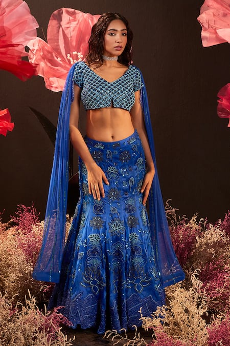 Rishika Singh Blue Net, Silk Organza Embroidery, Sequins V-neck Midnight Bloom Lehenga Set at Aza Fashions Rishika Singh_Blue Net, Silk Organza Embroidery, Sequins V-neck Midnight Bloom Lehenga Set _at_Aza_Fashions