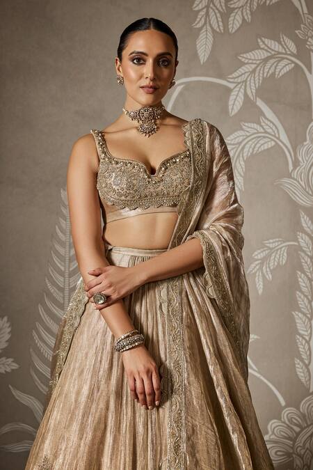 Buy_Ridhi Mehra_Gold Tissue Embroidery Sweetheart Neck Bahar Lehenga Set _Online_at_Aza_Fashions