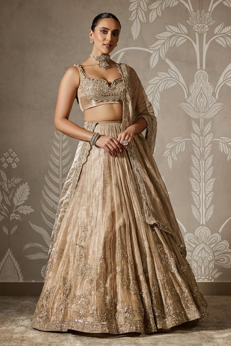 Shop_Ridhi Mehra_Gold Tissue Embroidery Sweetheart Neck Bahar Lehenga Set _Online_at_Aza_Fashions