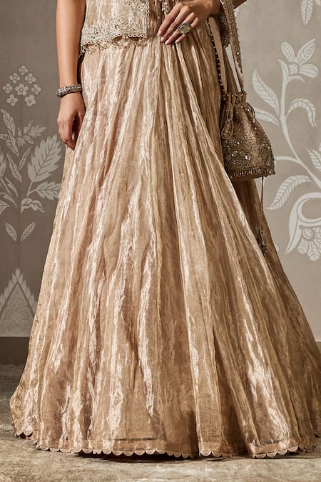 Buy_Ridhi Mehra_Gold Tissue Embroidery, Sequins, Pearls Open Neck, Floral Jacket And Lehenga Set _Online_at_Aza_Fashions